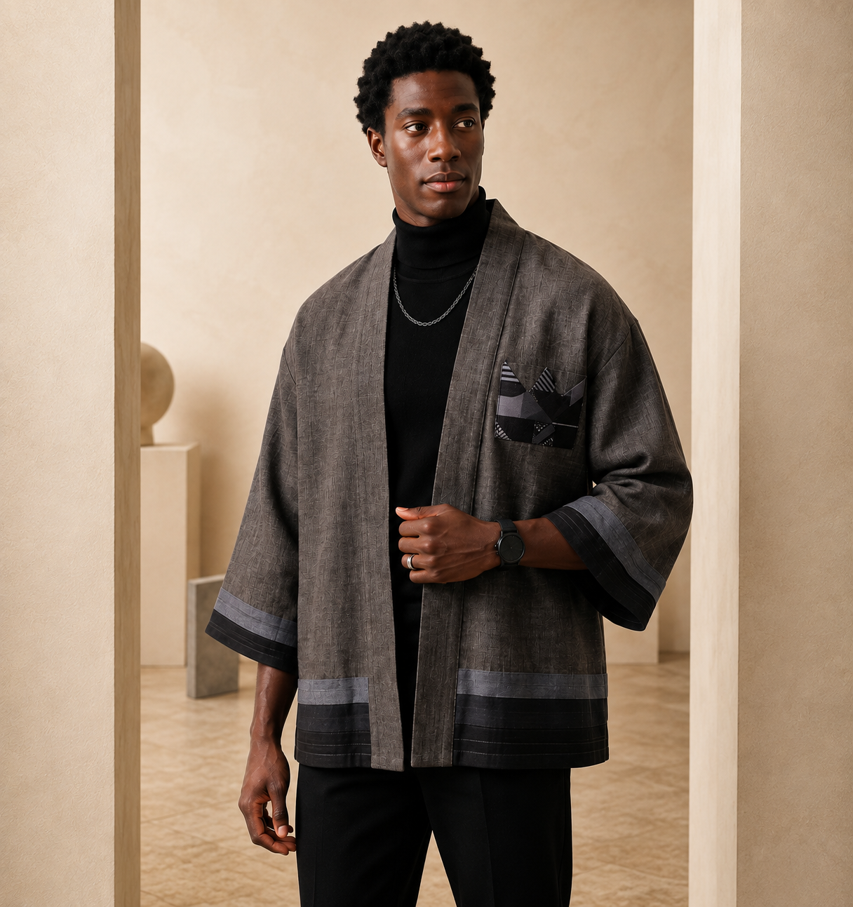 Dayo Agbada Kimono Modern Editorial Portrait in Warm Neutrals